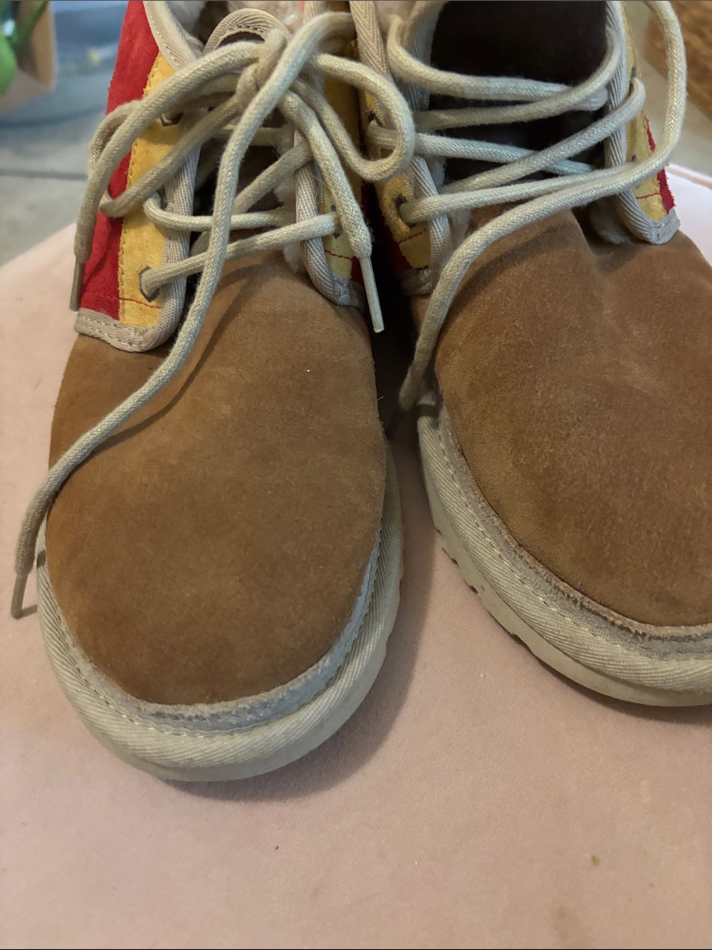 Kids/men size 7 Ugg Brown Suede Lace-Up Shoes with Red & Yellow Accents